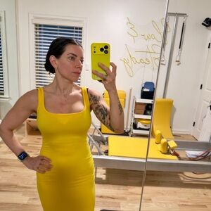 Mustard Yellow Bodycon Mini Dress | Square Neck Stretch Tank Dress